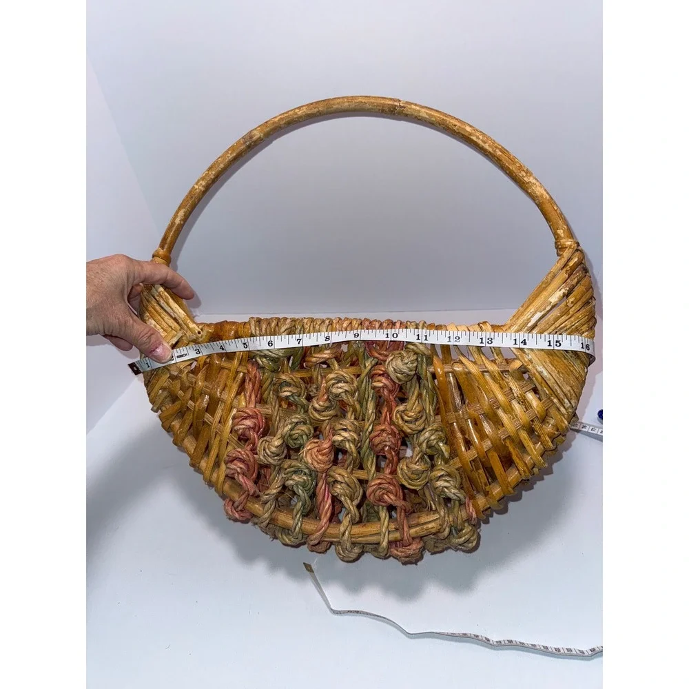 Vintage Wicker Wall Pocket Basket Knotted Rope Detail Crescent Half‎ Moon Brown